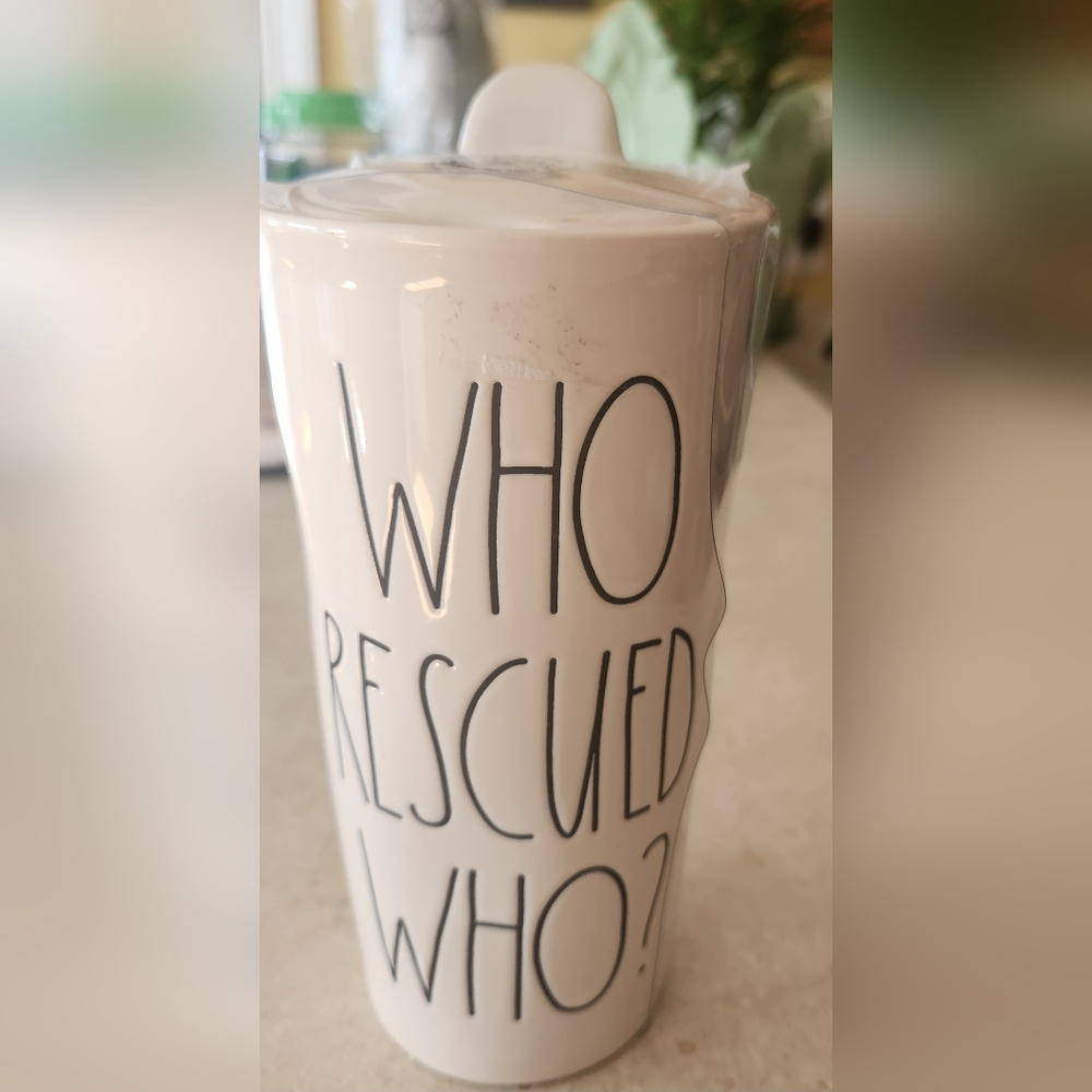 Rae Dunn Cream Ceramic Mug Casual Handwritten Design "Who Rescued Who?"